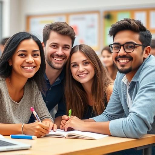 Grupo de estudantes sorrindo e estudando juntos em uma sala de aula.